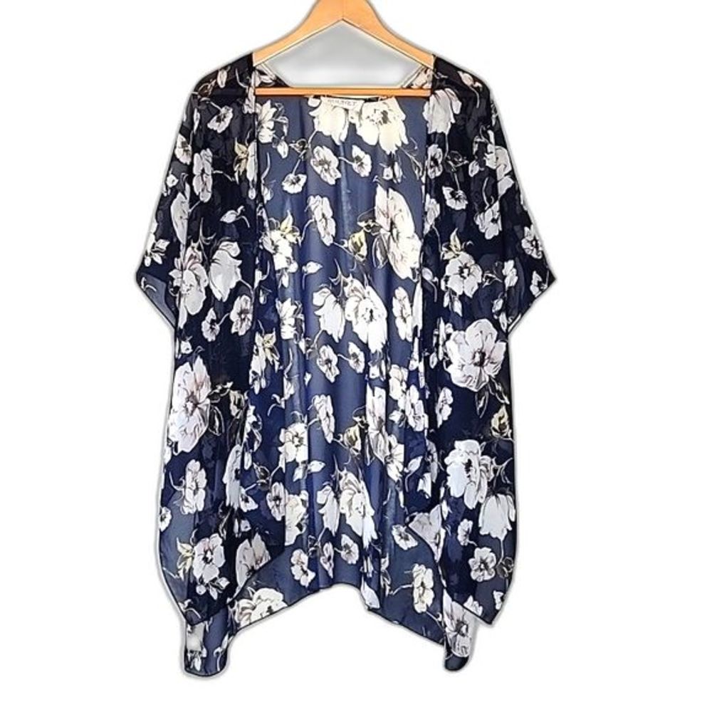 AUDREY 3+1 Sheer Navy Blue White Yellow Foral Short Sleeve Kimono Cardigan